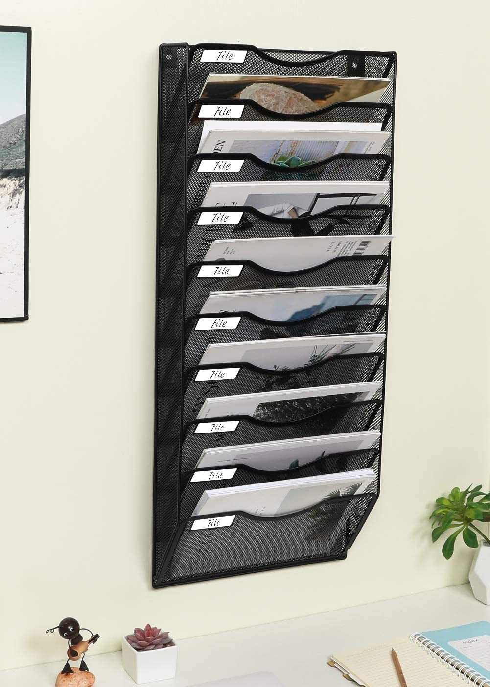 10 Tier Wall File Organizer Office Mesh Metal Hanging File Folder Holder Magazine Rack , Black