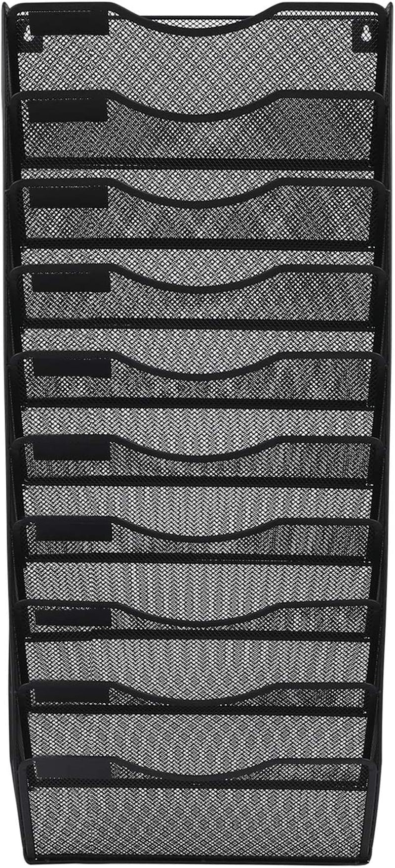 10 Tier Wall File Organizer Office Mesh Metal Hanging File Folder Holder Magazine Rack , Black