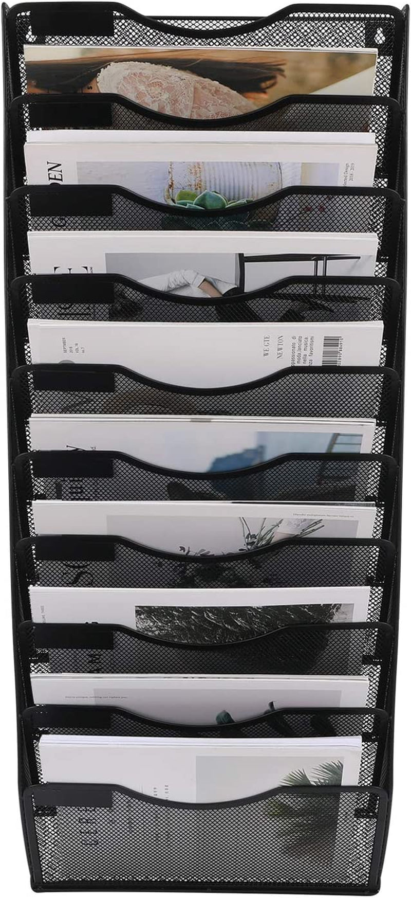10 Tier Wall File Organizer Office Mesh Metal Hanging File Folder Holder Magazine Rack , Black
