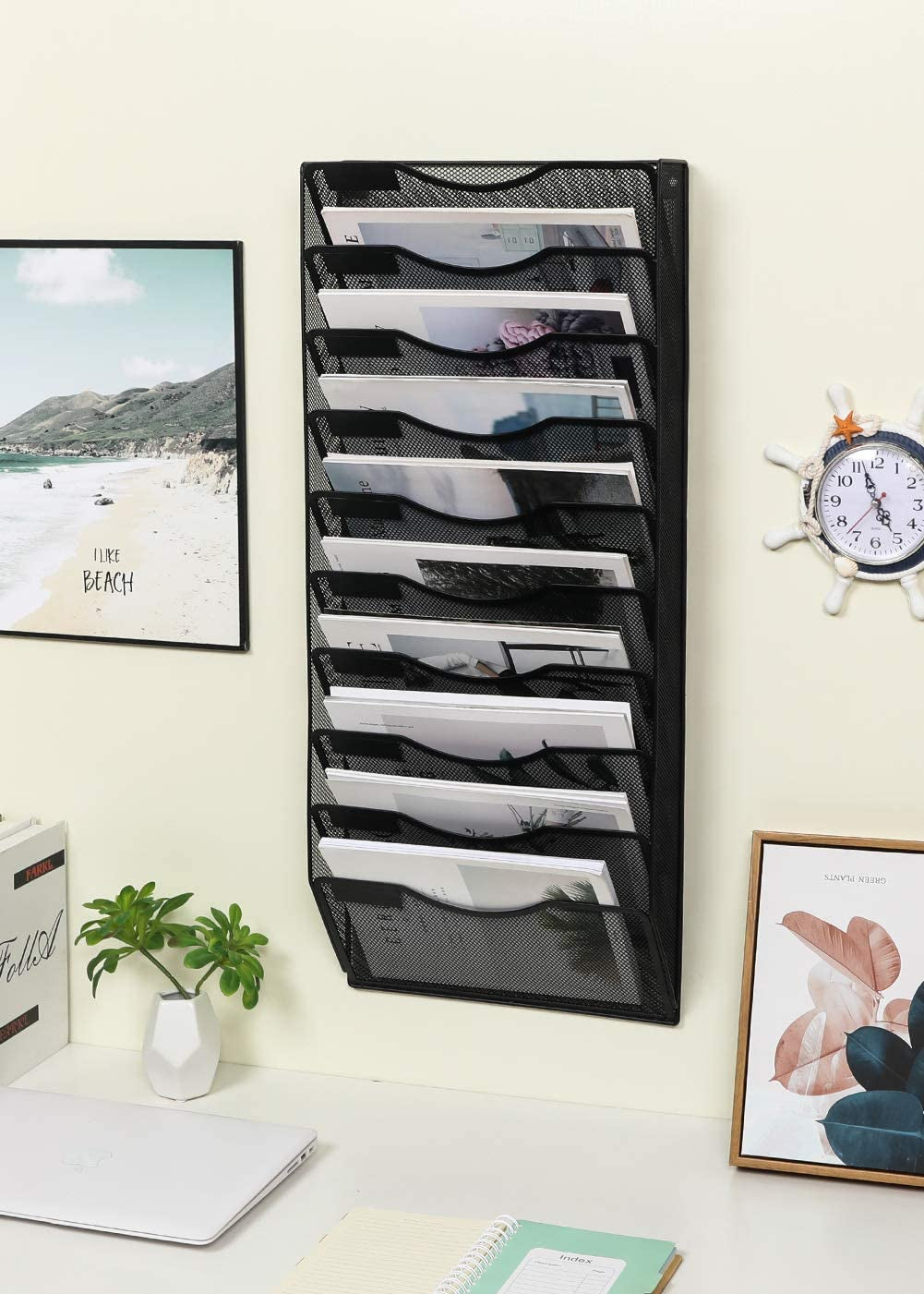 10 Tier Wall File Organizer Office Mesh Metal Hanging File Folder Holder Magazine Rack , Black