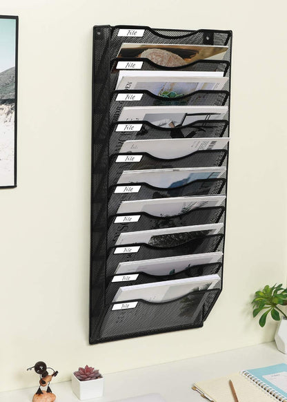10 Tier Wall File Organizer Office Mesh Metal Hanging File Folder Holder Magazine Rack , Black