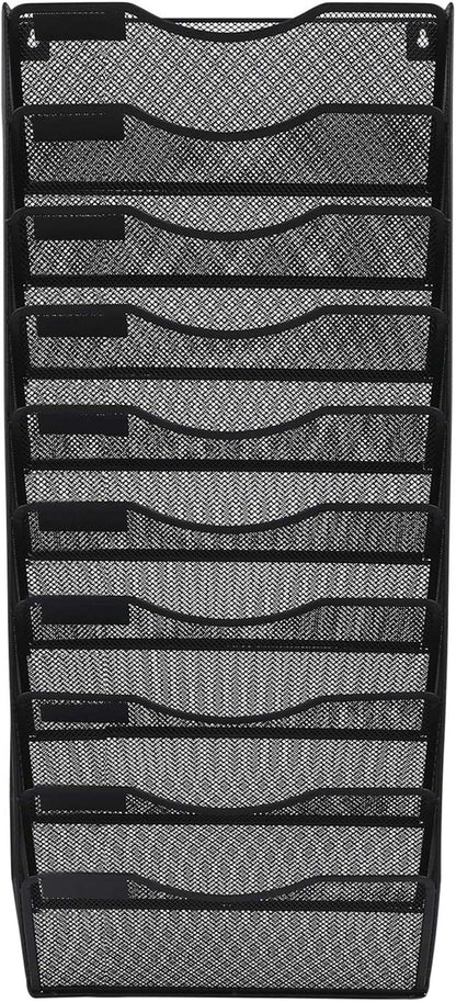 10 Tier Wall File Organizer Office Mesh Metal Hanging File Folder Holder Magazine Rack , Black