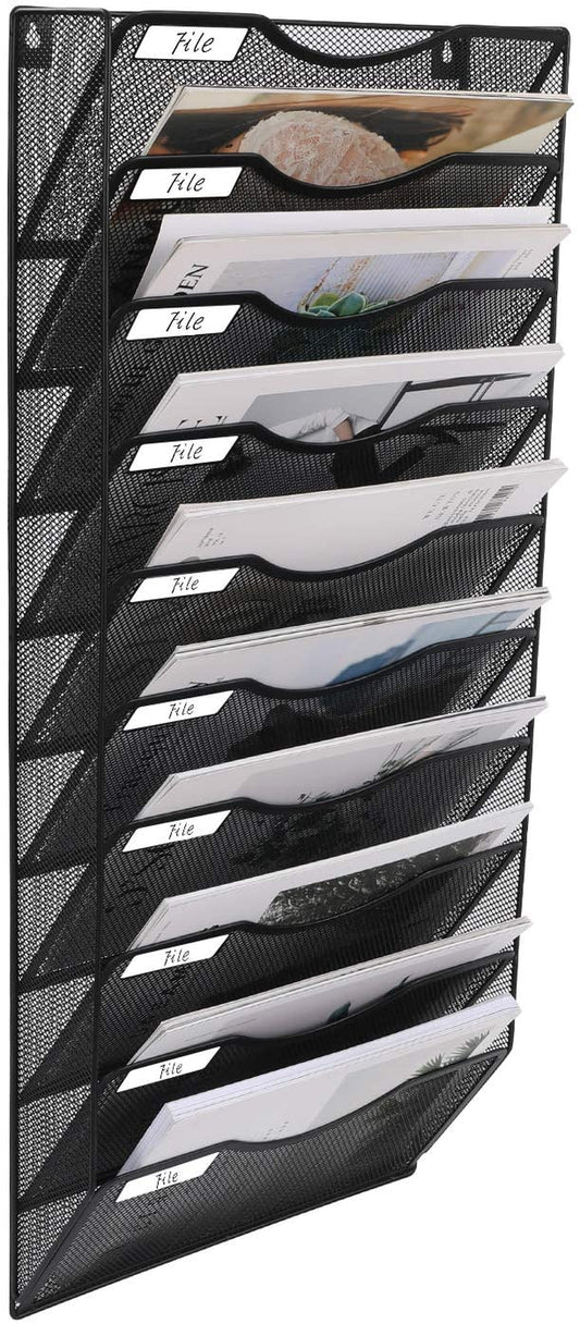 10 Tier Wall File Organizer Office Mesh Metal Hanging File Folder Holder Magazine Rack , Black